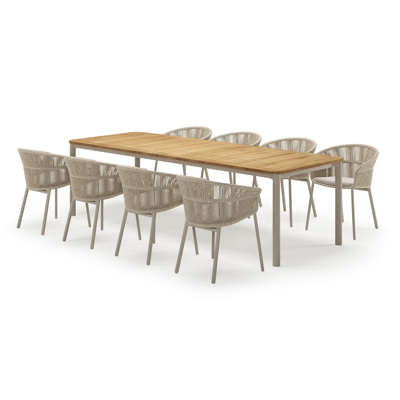 Mira rechthoekige afgeronde tuinset in beige aluminium en teak natural finish met 8 Matera tuinstoelen