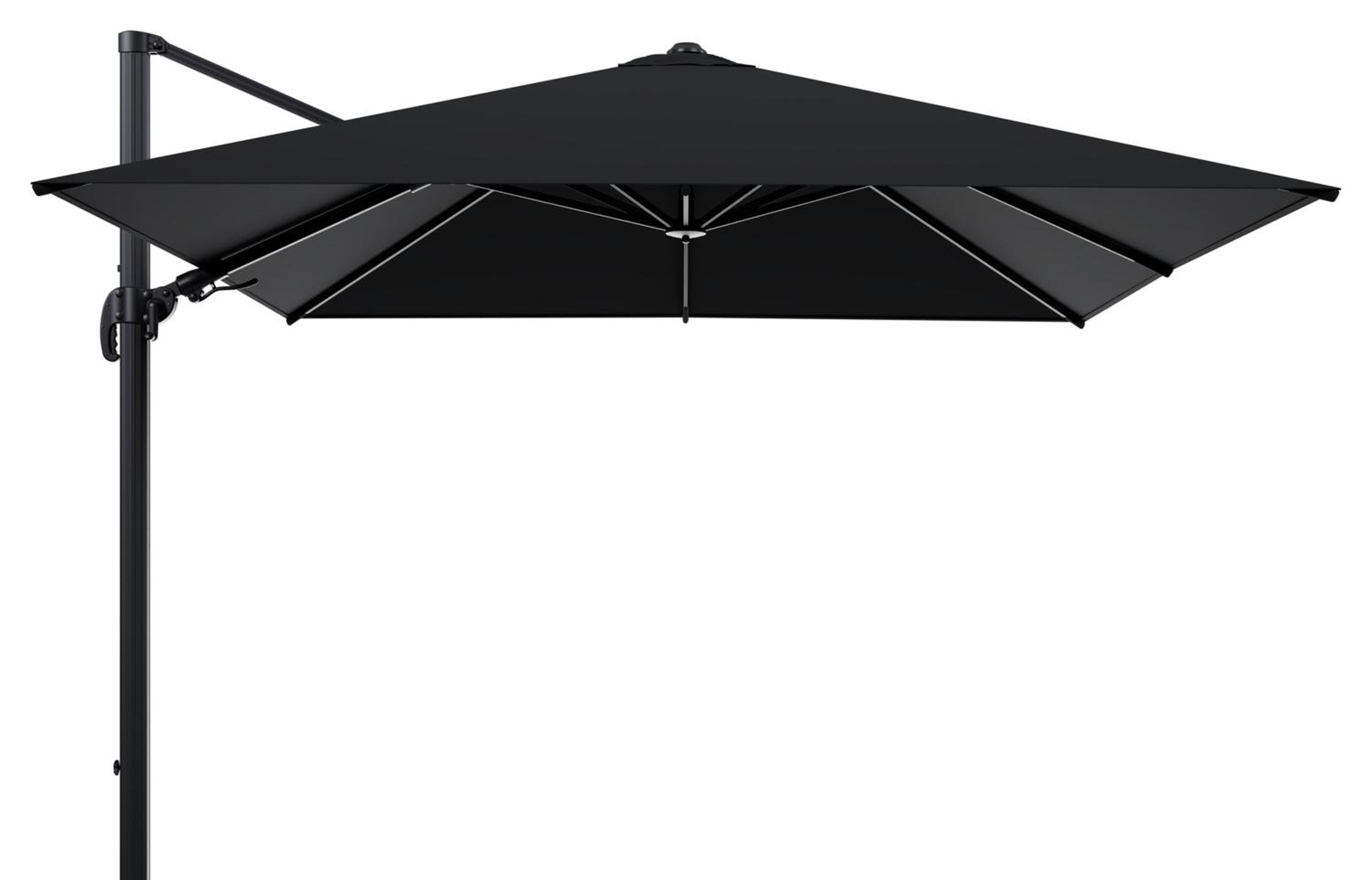 Avola zweefparasol met tiltfunctie in zwart aluminium met zwart sunbrella® premium parasoldoek - L1 300 x L2 300 cm (zonder voet)