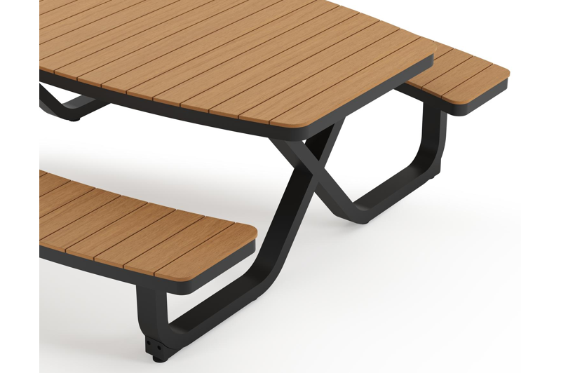 Alora picknicktafel in zwart aluminium en polywood - L 200 x B 216 x H 73,5 cm