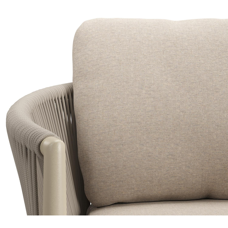 Organo tuinstoel in zwart aluminium en beige verticaal geweven ronde rope met stoelkussen in All Weather Sunbrella® Luxe Heritage Ash