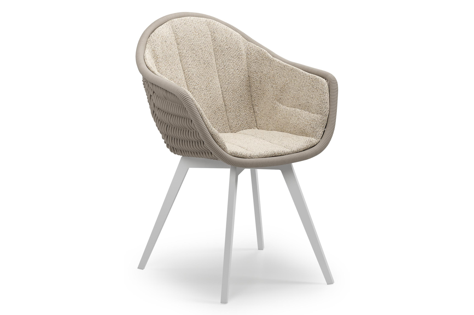 Pagino tuinstoel in wit aluminium en beige verticaal geweven ronde rope met zitkussen in All Weather Cosytica Bora Desert