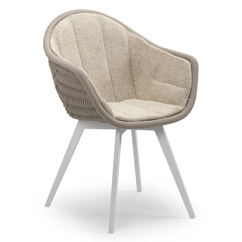 Pagino tuinstoel in wit aluminium en beige verticaal geweven ronde rope met zitkussen in All Weather Cosytica Bora Desert