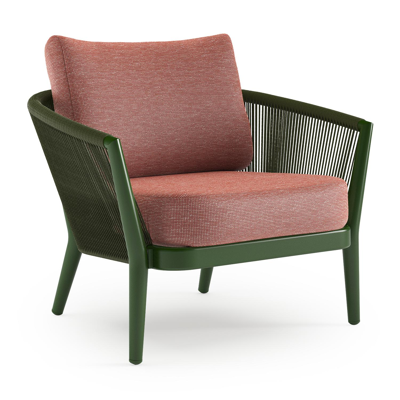 Orso loungestoel in groen aluminium en groen verticaal geweven ronde rope met Slow Alezan all weather sunbrella® luxe kussen