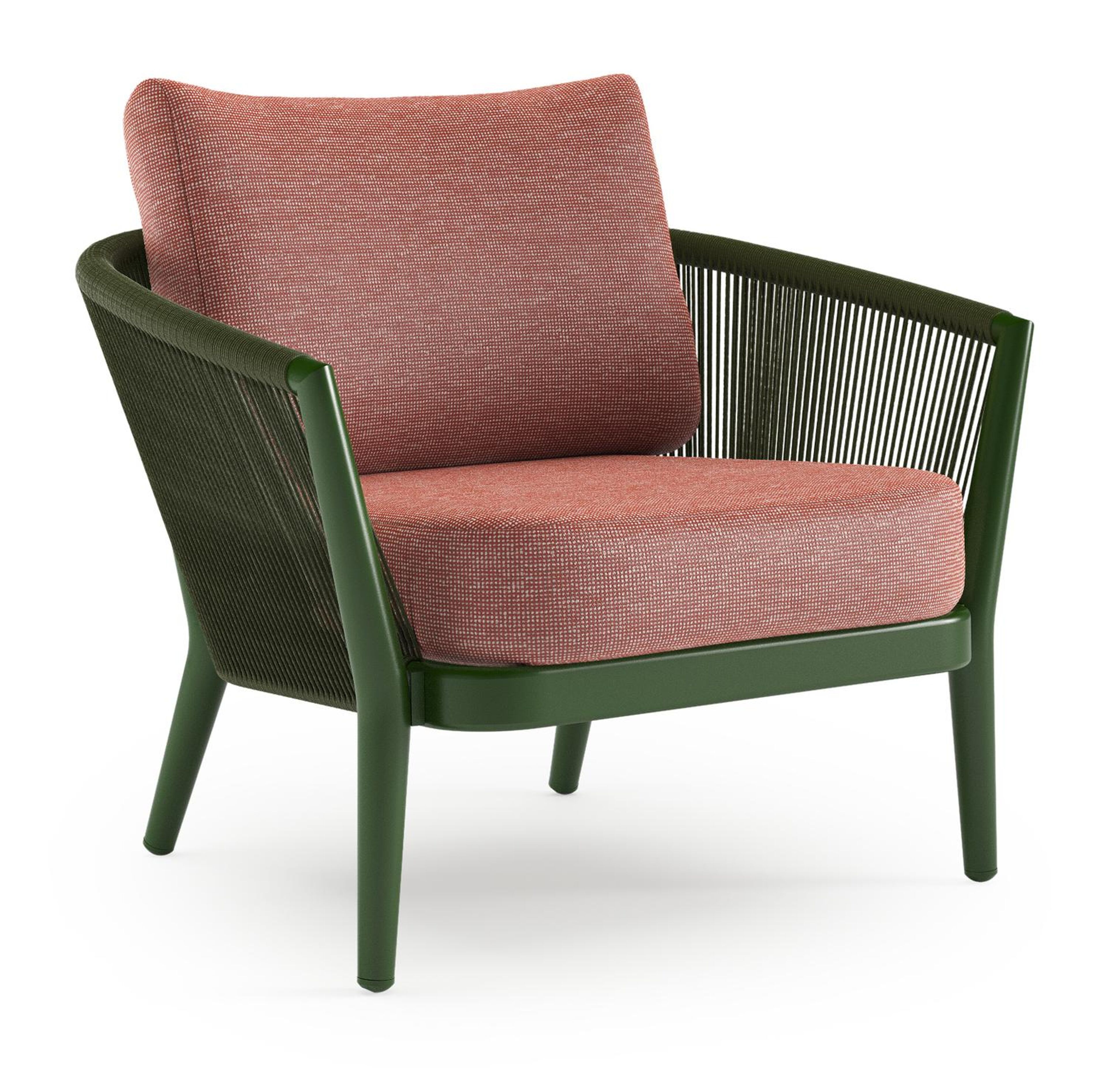 Orso loungestoel in groen aluminium en groen verticaal geweven ronde rope met Slow Alezan all weather sunbrella® luxe kussen