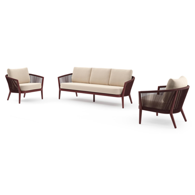 Orso loungeset in ruby aluminium en ruby verticaal geweven ronde rope met Heritage Papyrus all weather sunbrella® luxe kussen