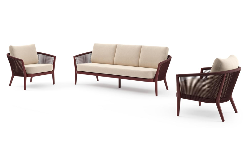 Orso loungeset in ruby aluminium en ruby verticaal geweven ronde rope met Heritage Papyrus all weather sunbrella® luxe kussen