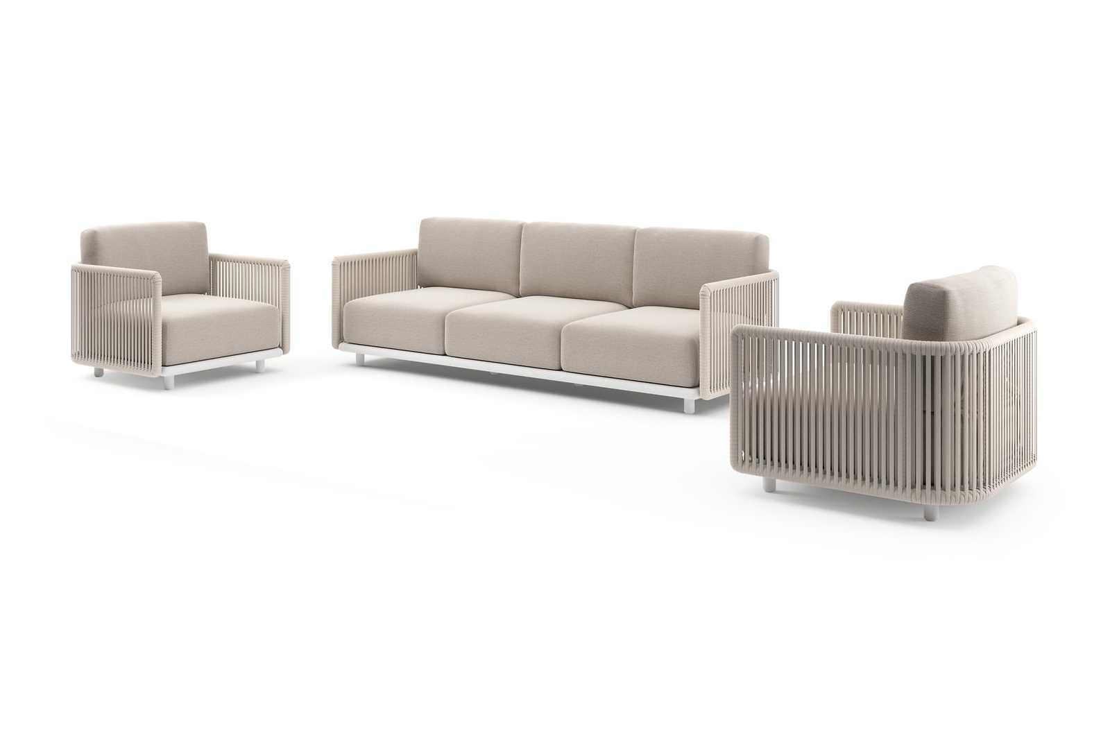 Organo loungeset in wit aluminium en beige verticaal geweven luxe vlakke rope met slow farafra all weather Sunbrella® luxe kussen