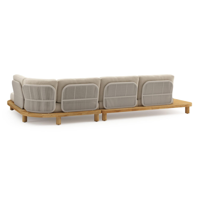 Donato loungehoek in teak en beige verticaal geweven ronde rope met all weather cosytica Althea Chalk kussen