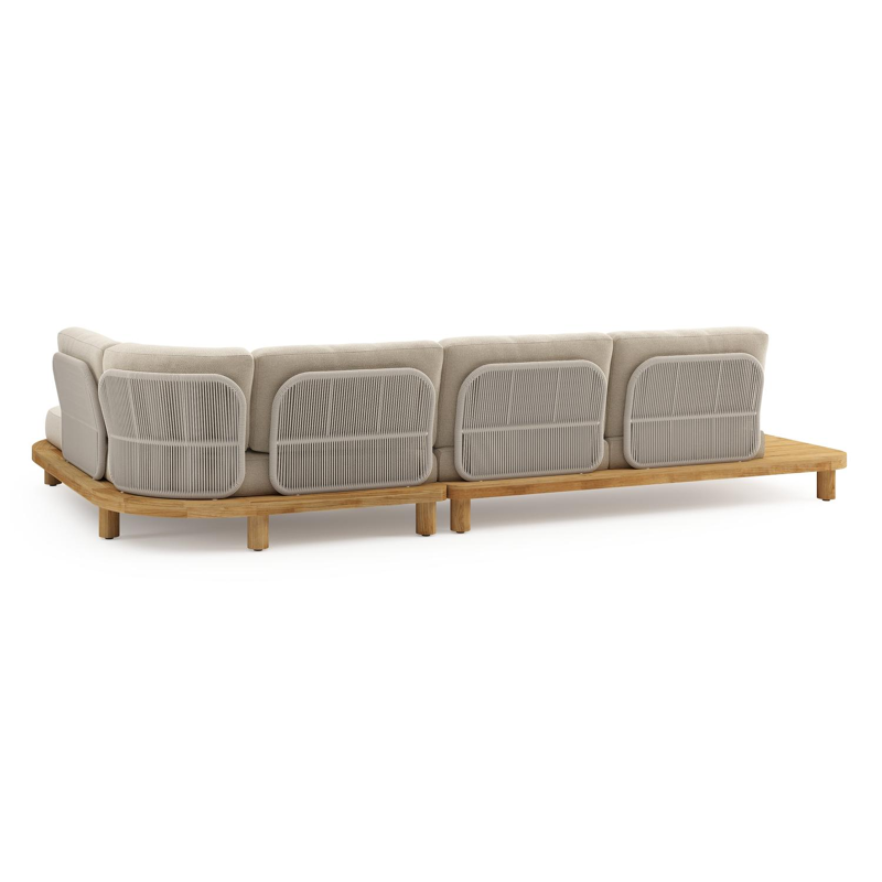 Salon de jardin d'angle Donato en teck et corde ronde tissée verticalement beige et coussins en all weather cosytica Althea Chalk