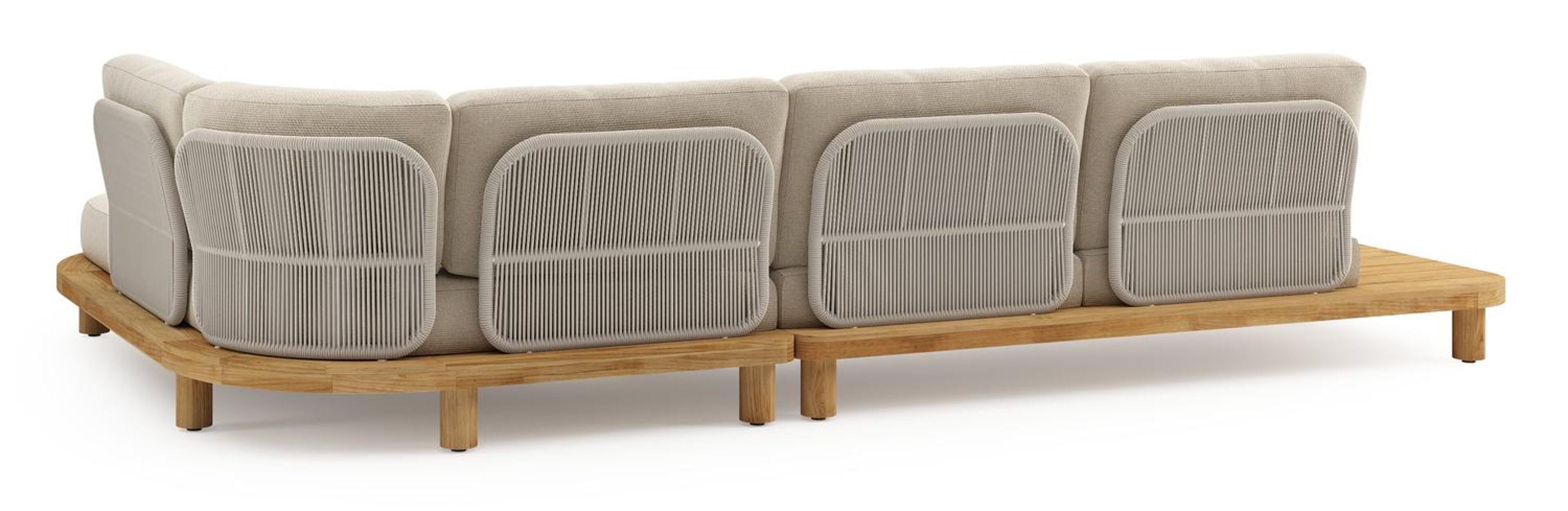 Salon de jardin d'angle Donato en teck et corde ronde tissée verticalement beige et coussins en all weather cosytica Althea Chalk
