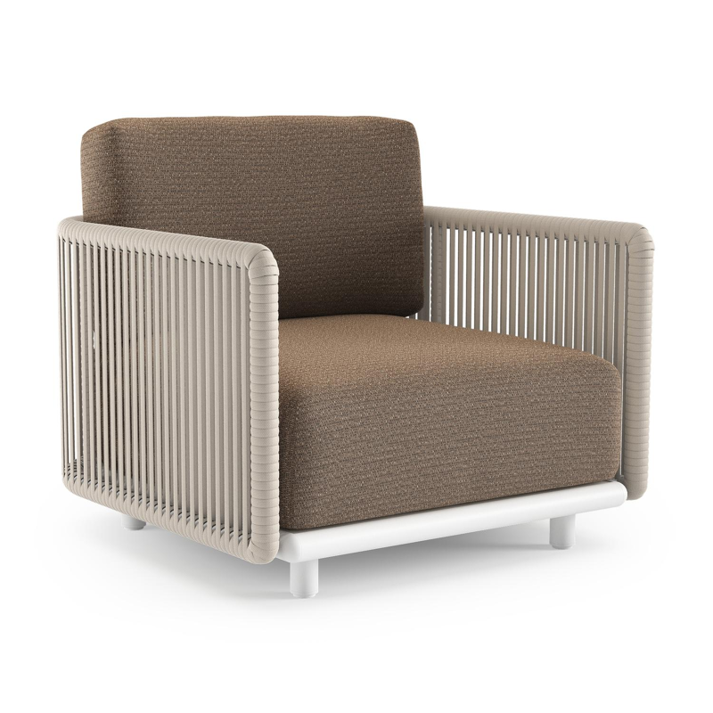 Organo loungestoel in wit aluminium en beige verticaal geweven luxe vlakke rope met firenze bamboe all weather Solica kussen