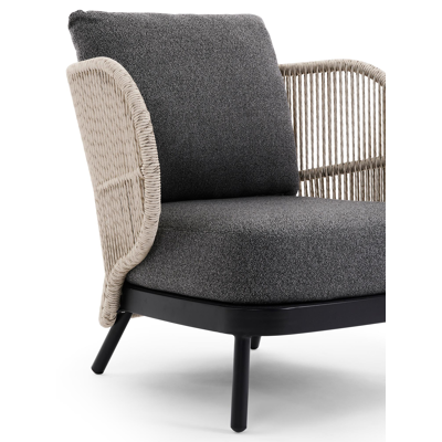 Lugano loungestoel 1-zit in zwart aluminium en beige gedraaide ronde wicker met catania black all weather cosytica kussen