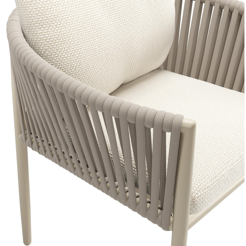 Organo tuinstoel in beige aluminium en beige verticaal geweven luxe vlakke rope met zitkussen in All Weather Cosytica Althea Off White