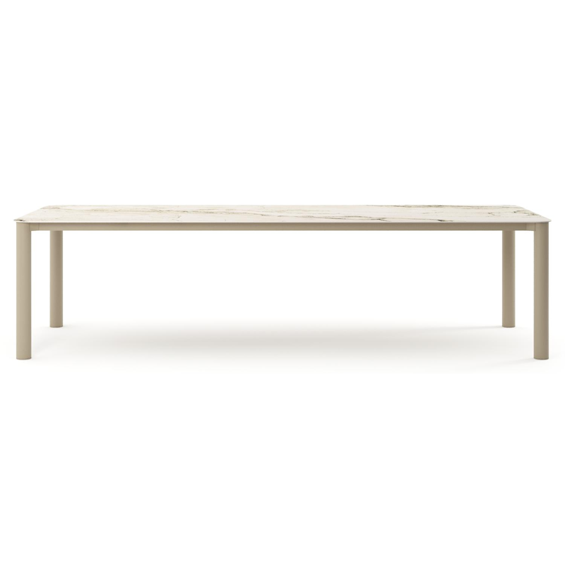 Table de jardin Orso rectangulaire arrondi en aluminium beige et céramique pleine Colorado Dunes - Lg. 290 x Lrg. 110 x Haut. 74.5 cm