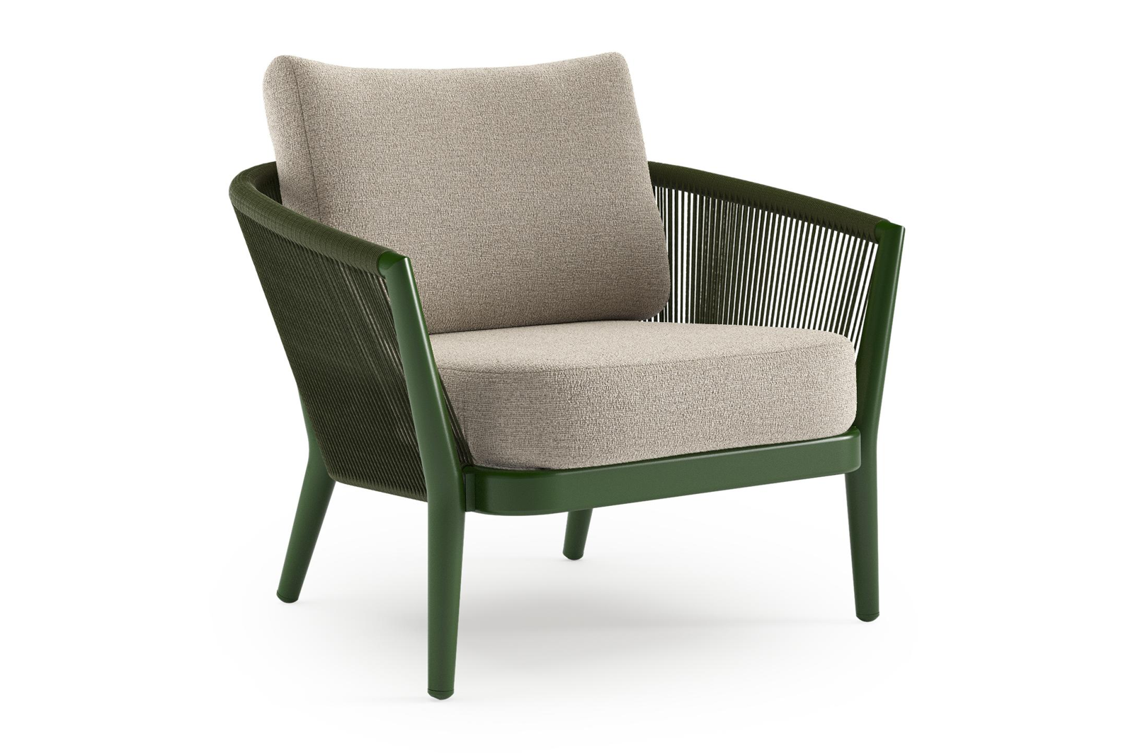 Fauteuil de jardin Orso en aluminium vert en corde ronde tissée verticalement vert et coussins en all weather cosytica Catania Greige