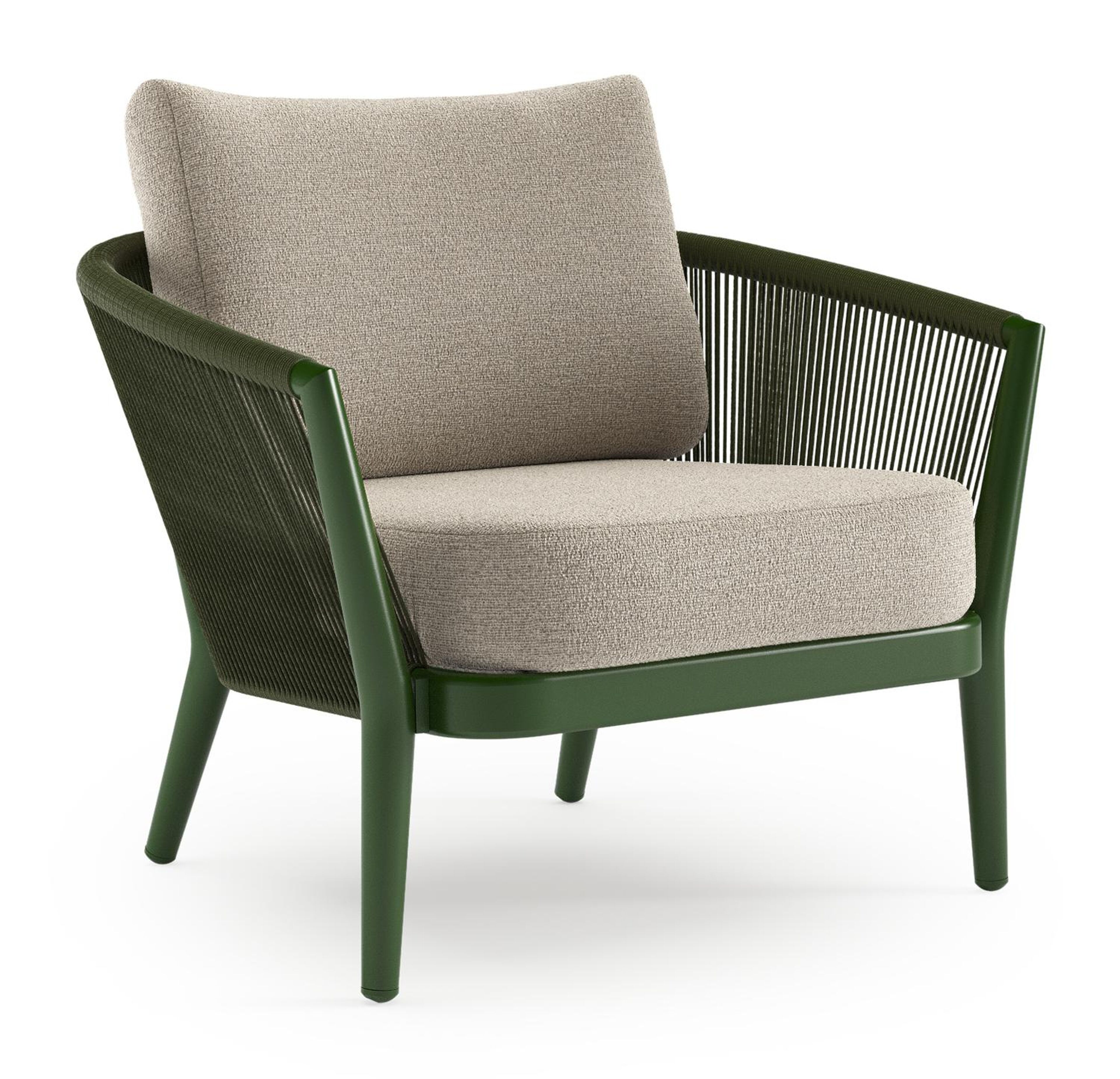 Orso loungestoel in groen aluminium en groen verticaal geweven ronde rope met Catania Greige all weather cosytica kussen