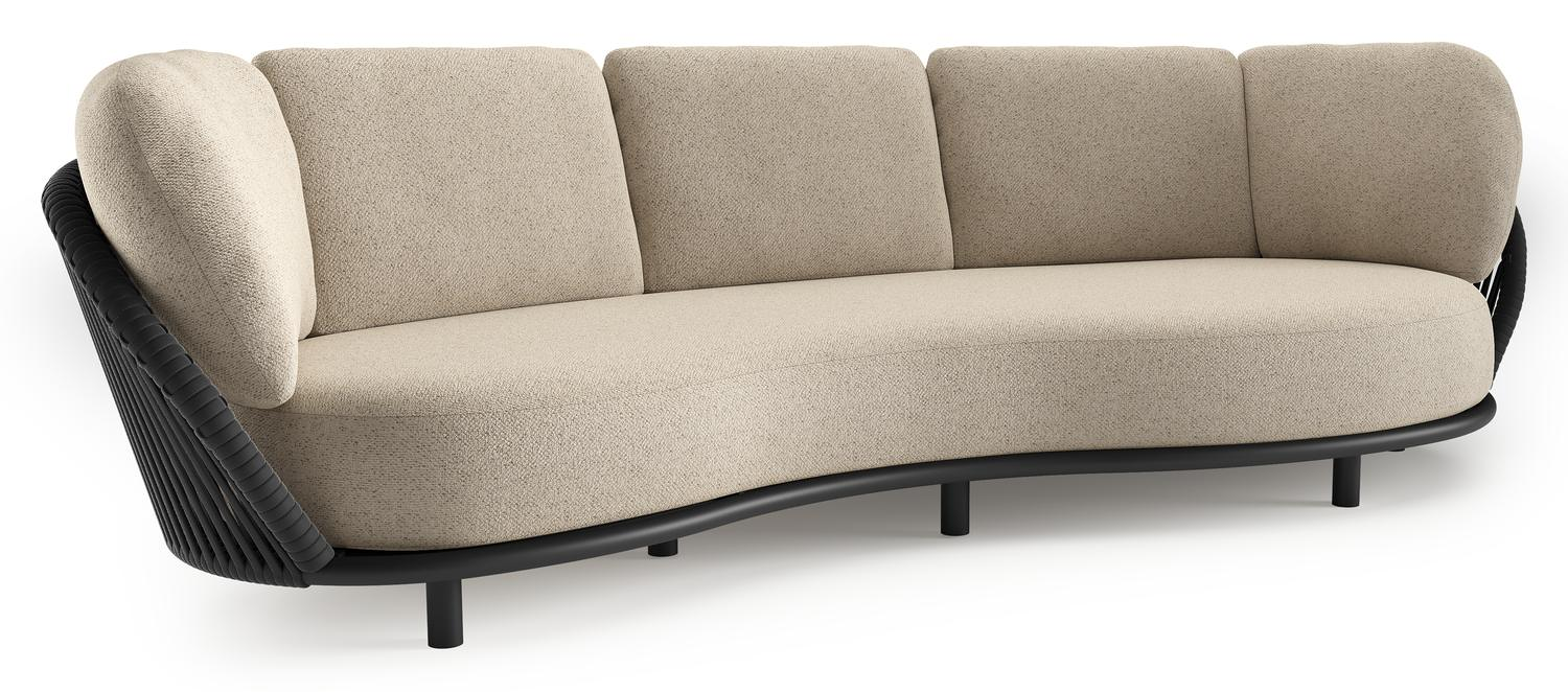 Lupino loungebank in zwart aluminium en zwart verticaal geweven luxe vlakke brede rope met bora desert all weather cosytica kussen