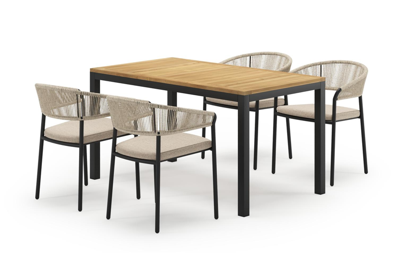 Feltro rechthoekige tuinset in zwart aluminium en teak natural finish met 4 Zamora tuinstoelen