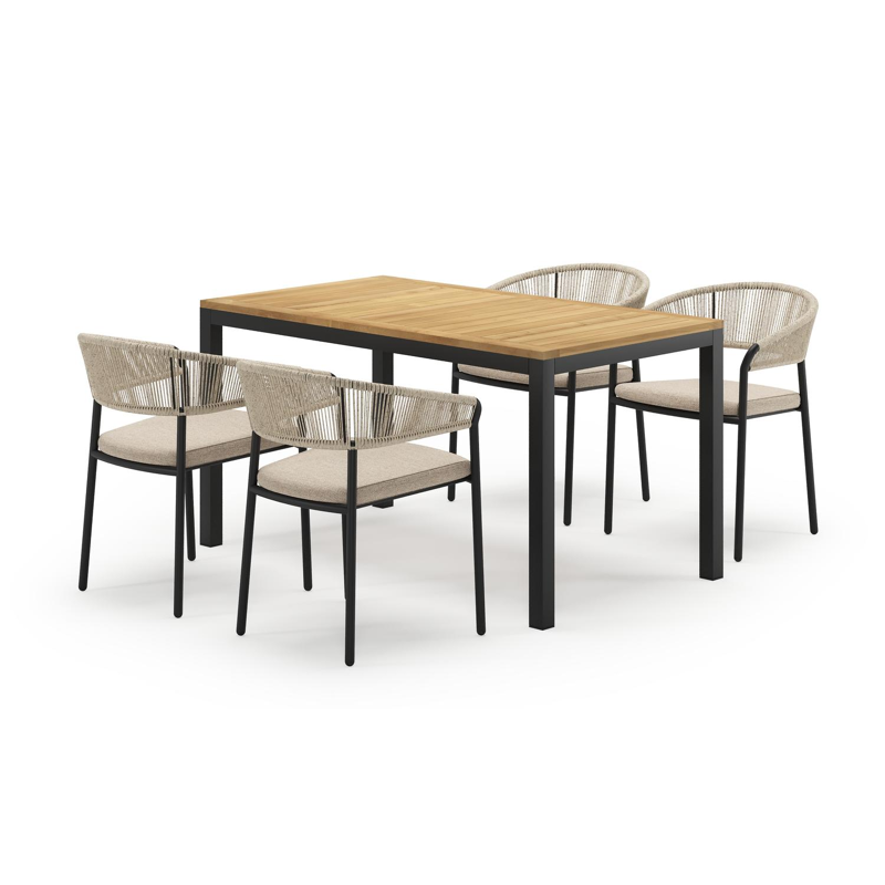 Feltro rechthoekige tuinset in zwart aluminium en teak natural finish met 4 Zamora tuinstoelen