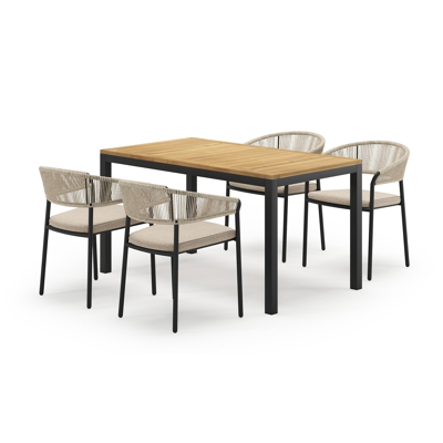 Feltro rechthoekige tuinset in zwart aluminium en teak natural finish met 4 Zamora tuinstoelen