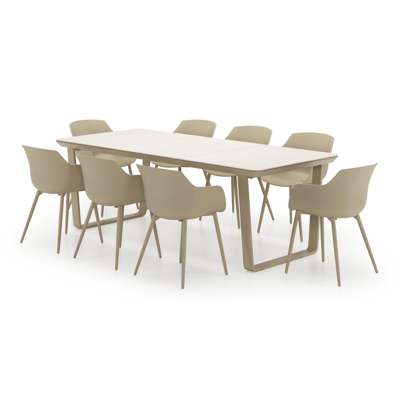 Ensemble de jardin Alora en aluminium beige et sintered stone beige avec 8 chaises de jardin Paco