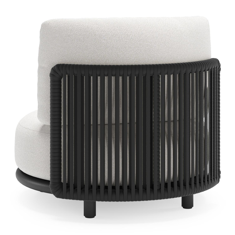 Fauteuil de jardin Lomano en aluminium noir et corde luxe plate tissée verticalement beige et coussins en all weather solica soul optik