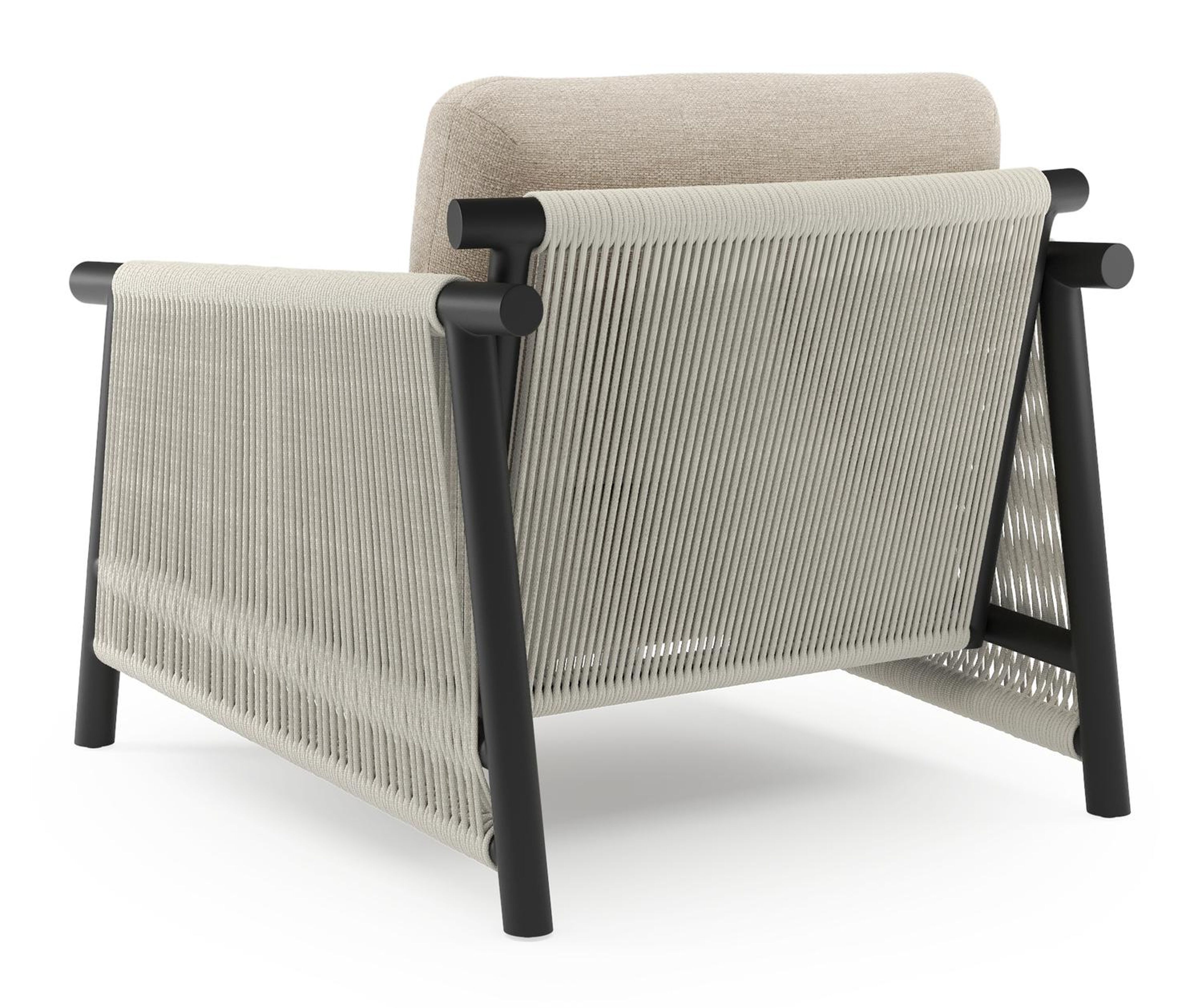 Set van 2 Erla loungestoelen in zwart aluminium en beige verticaal geweven ronde rope met rustic weather+ softtouch kussens