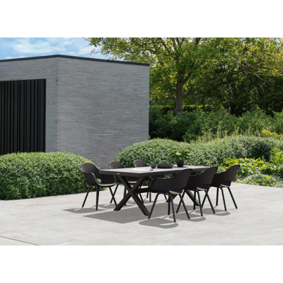 Reza tuinset in zwart aluminium en grijs volkeramiek tafelblad met 6 Artena tuinstoelen