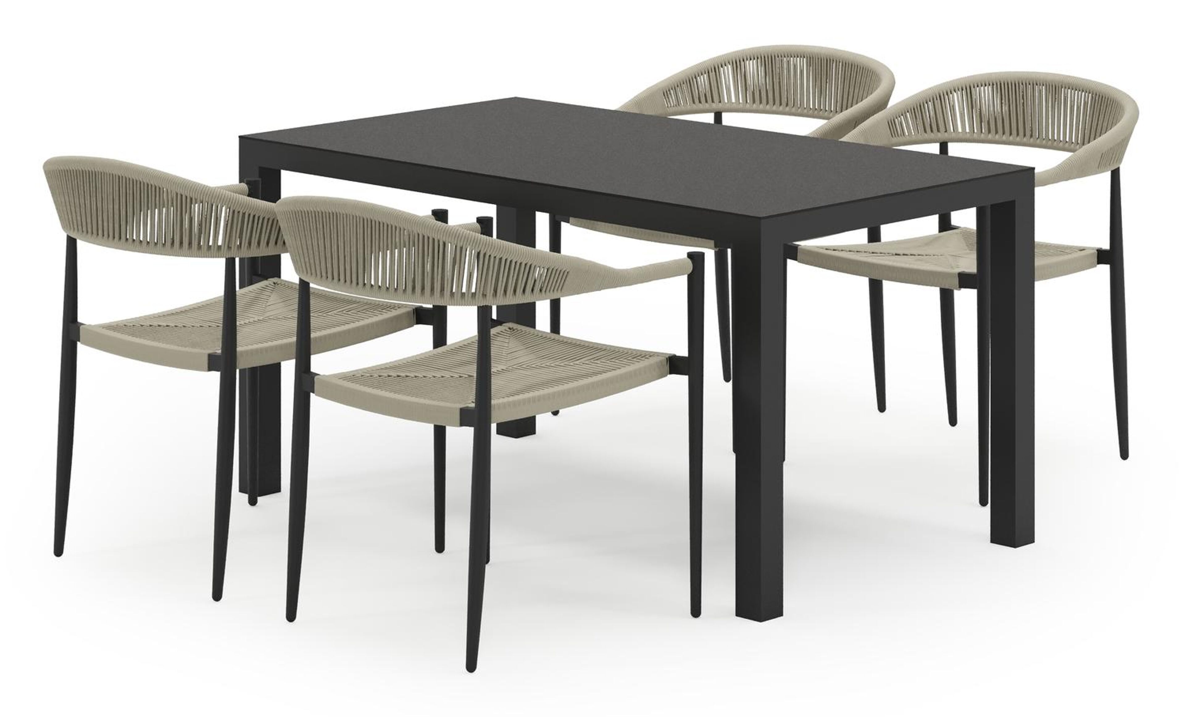 Toma tuinset in zwart aluminium en zwart sintered stone met 4 stapelbare Guarda tuinstoelen