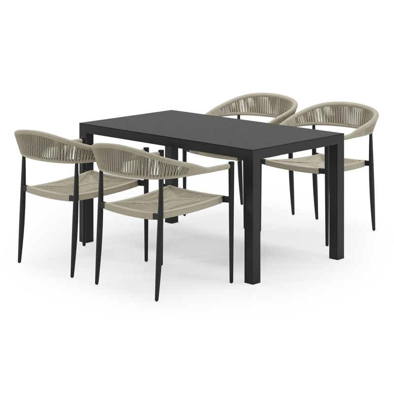 Toma tuinset in zwart aluminium en zwart sintered stone met 4 stapelbare Guarda tuinstoelen