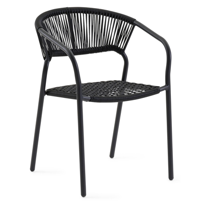 Tora tuinset in zwart aluminium en grijs keramische print tafelblad met 4 stapelbare Vigo tuinstoelen