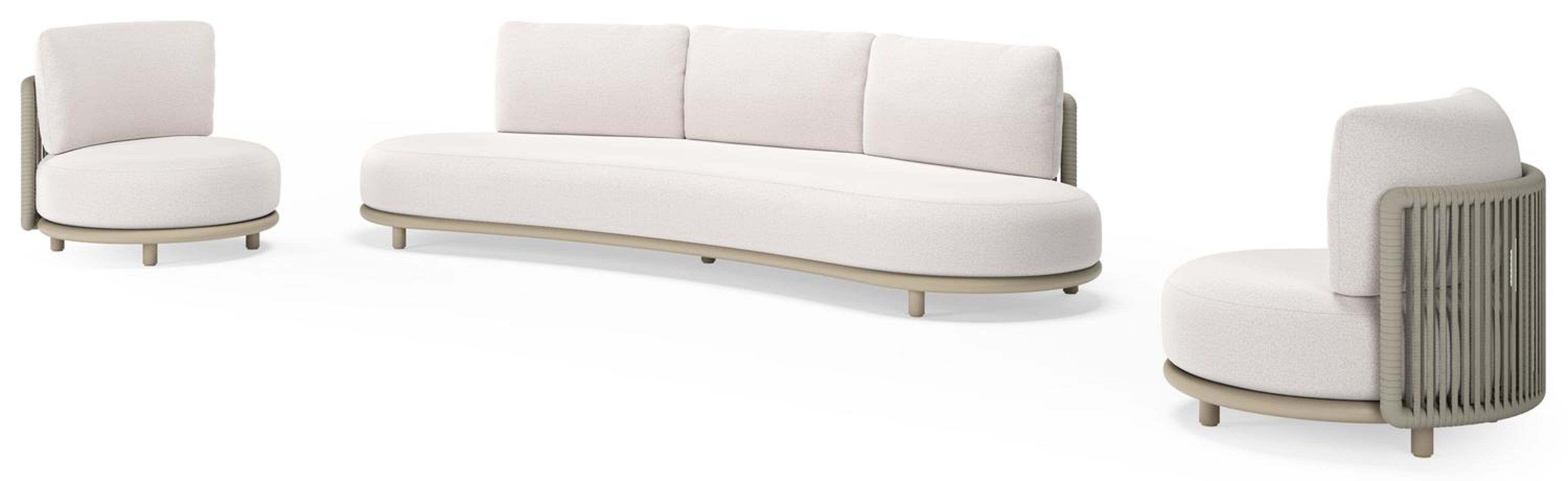 Lomano loungeset in beige aluminium en beige verticaal geweven luxe vlakke rope met Ego Eggshell all weather solica