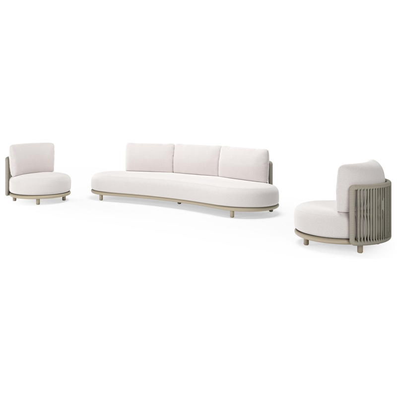 Lomano loungeset in beige aluminium en beige verticaal geweven luxe vlakke rope met Ego Eggshell all weather solica