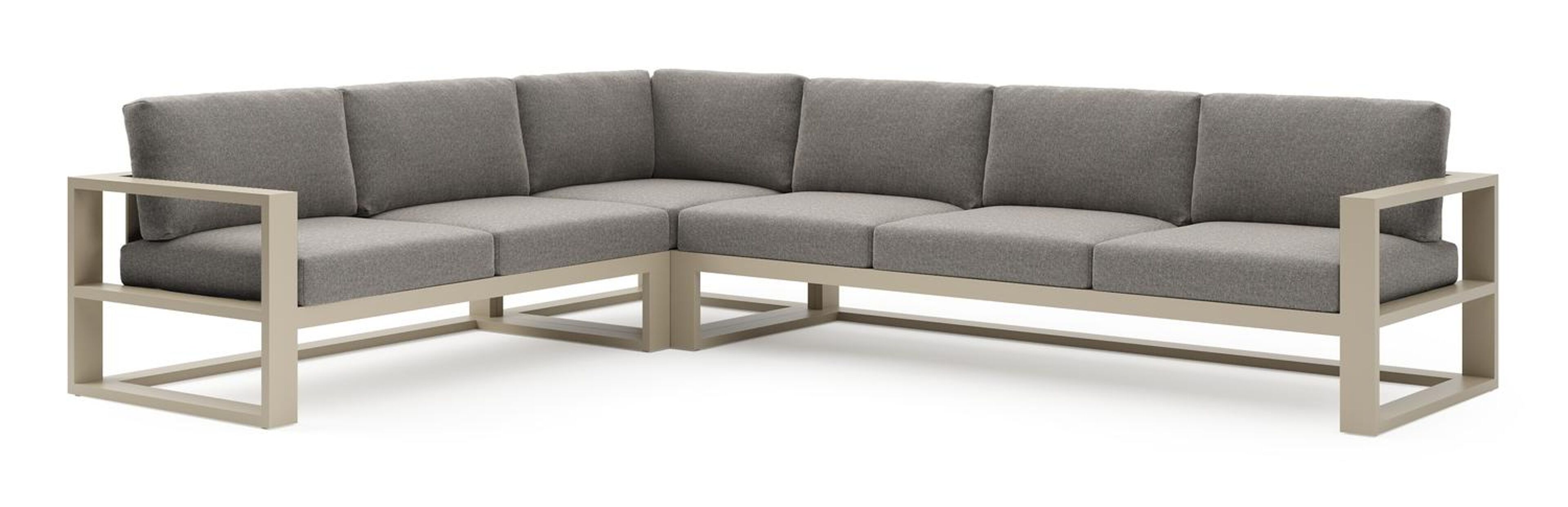 Verato loungehoek in beige aluminium met chartres drizzle all weather sunbrella® luxe kussen