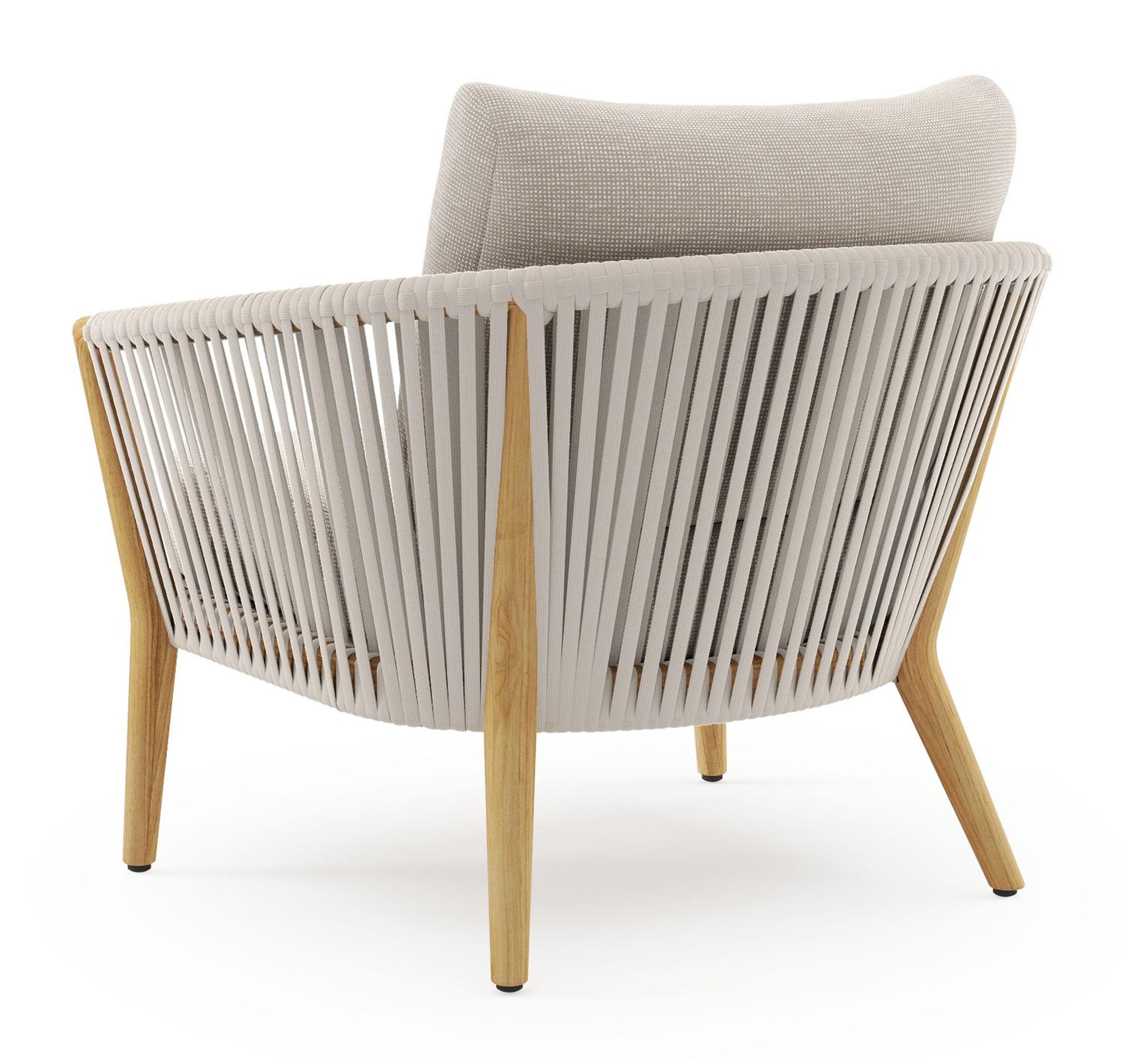 Orso loungestoel in teak en beige verticaal geweven luxe vlakke rope met Slow Farafra all weather sunbrella® luxe kussen