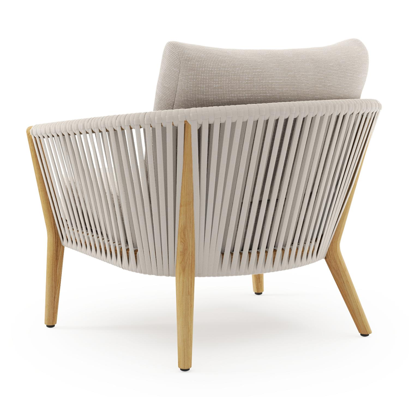 Orso loungestoel in teak en beige verticaal geweven luxe vlakke rope met Slow Farafra all weather sunbrella® luxe kussen