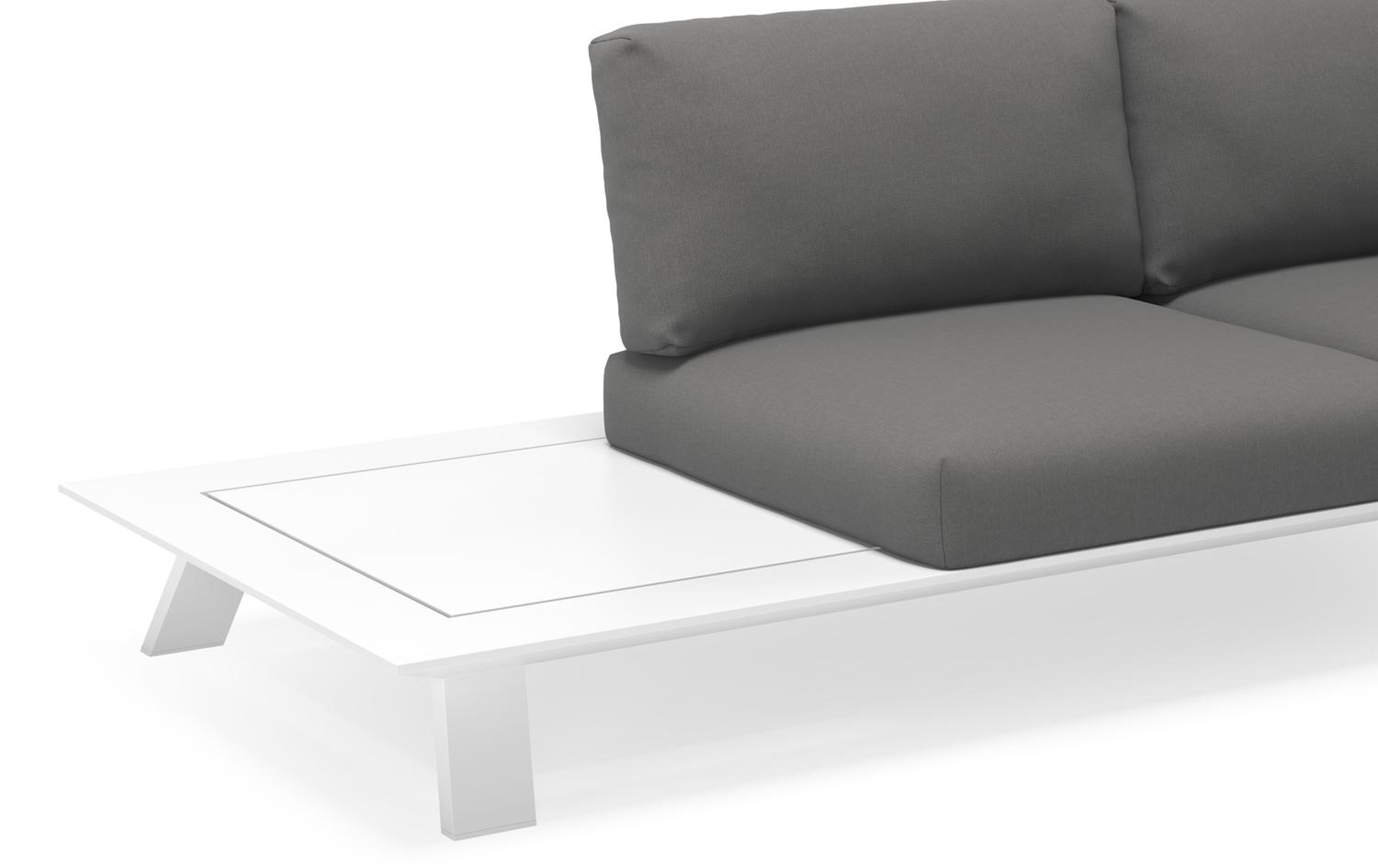 Cesano loungehoek in wit aluminium met natte charcoal chine all weather sunbrella® luxe kussens