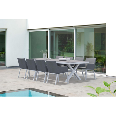 Reza tuinset in wit aluminium en grijs volkeramiek tafelblad met 8 Rivo tuinstoelen