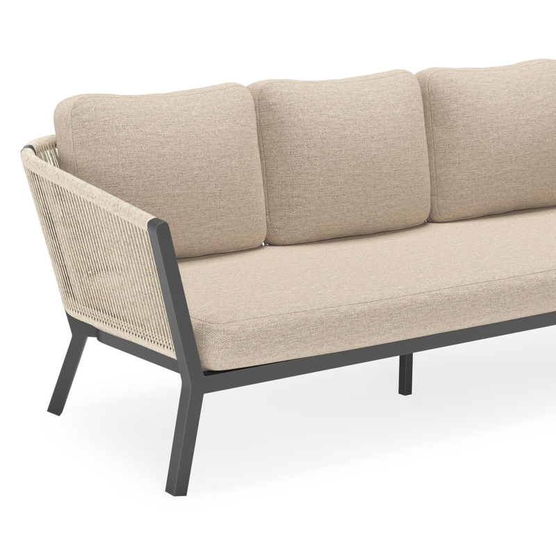 Cordoba loungeset in zwart aluminium en beige verticaal geweven ronde rope met rustic weather+ softtouch kussens