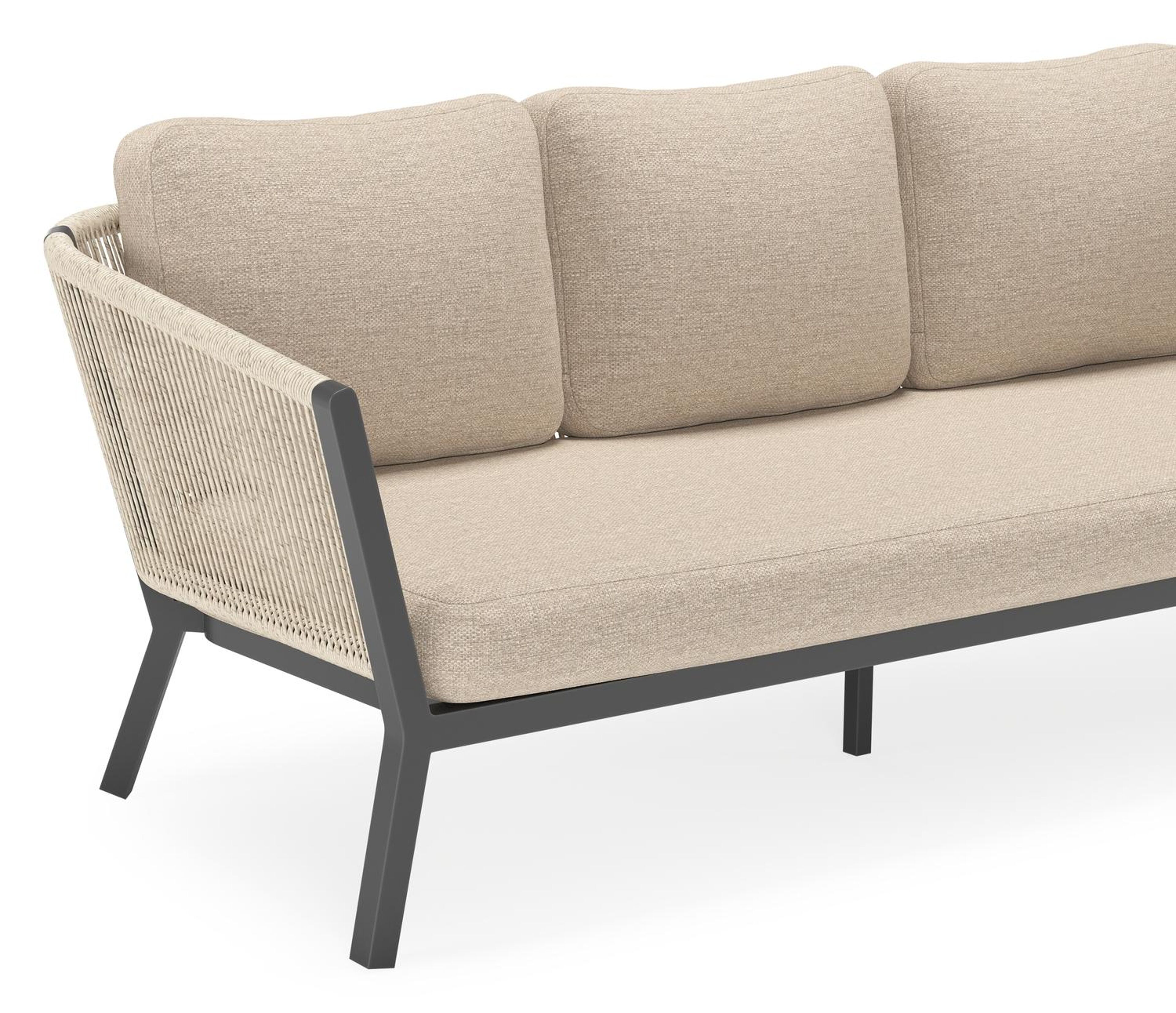 Salon de jardin Cordoba en aluminium noir et corde ronde tissée verticalement beige et coussins en weather+ softtouch rustic