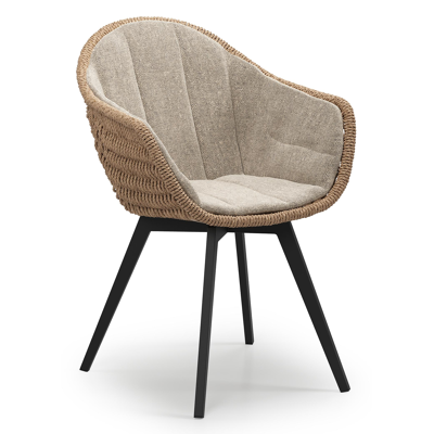 Pagino tuinstoel in zwart aluminium en naturel ronde wicker met zitkussen in All Weather Sunbrella® Luxe Chartres Pewter