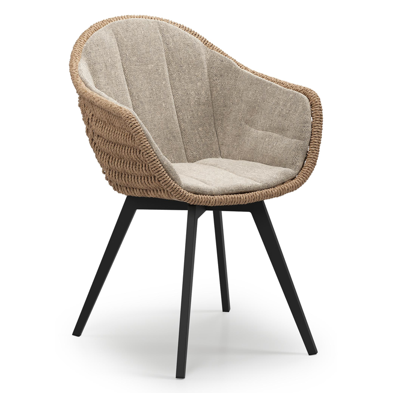 Pagino tuinstoel in zwart aluminium en naturel ronde wicker met zitkussen in All Weather Sunbrella® Luxe Chartres Pewter