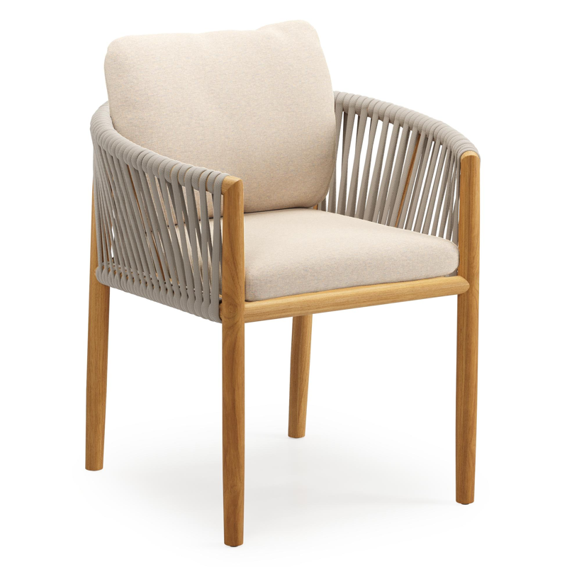 Organo tuinstoel in beige teak en beige verticaal geweven luxe vlakke rope met kussen in All Weather Sunbrella® Luxe Heritage Papyrus