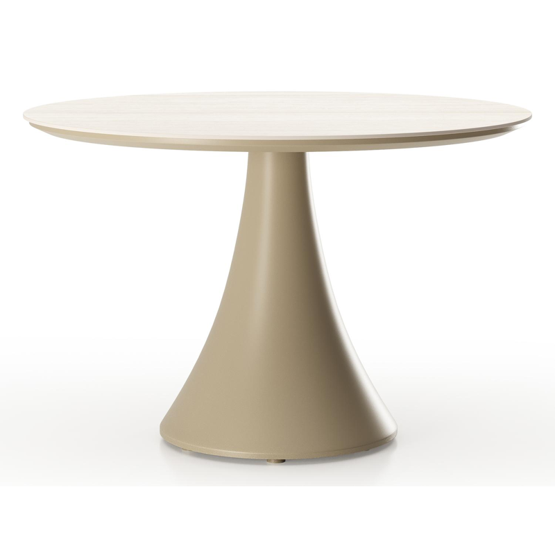 Table de basse low dining Fano ronde en aluminium beige et céramique pleine Travertino Bianco - Diam. 85 x Haut. 55 cm