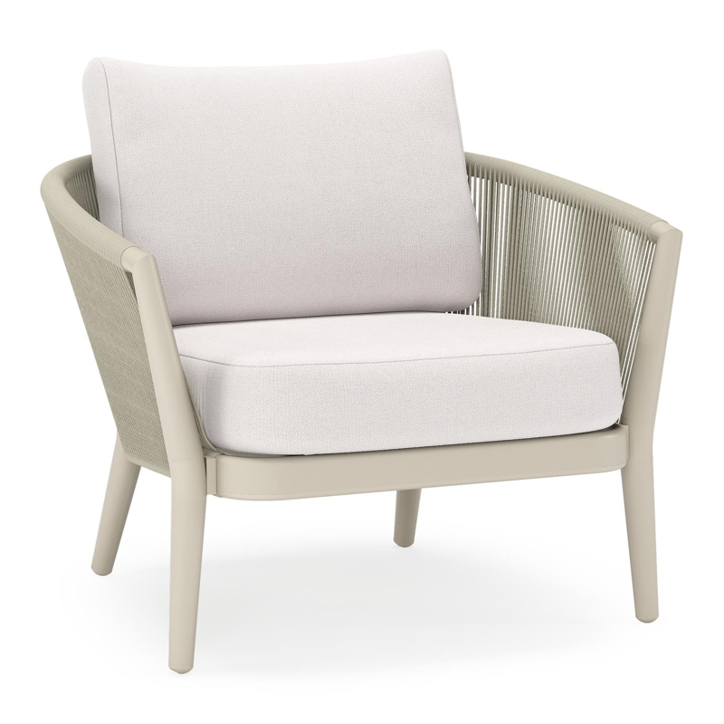Fauteuil de jardin Orso en aluminium beige en corde ronde tissée verticalement beige et coussins en all weather sunbrella® luxe Savane Whisper