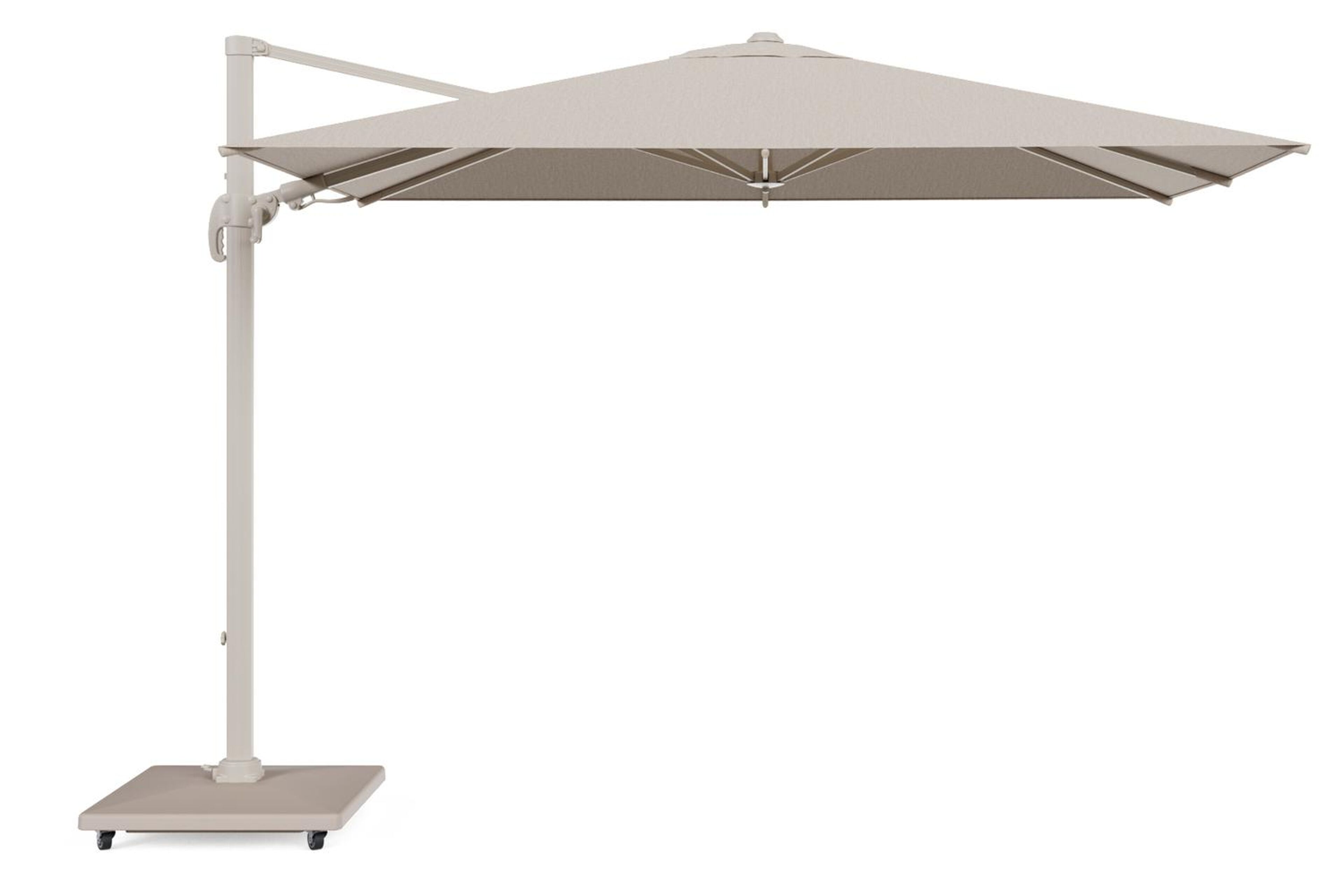 Avola zweefparasol met tiltfunctie in beige aluminium en rustic Weather+ Softtouch parasoldoek - L1 200 x L2 300 cm met parasolvoet Avola 90 kg