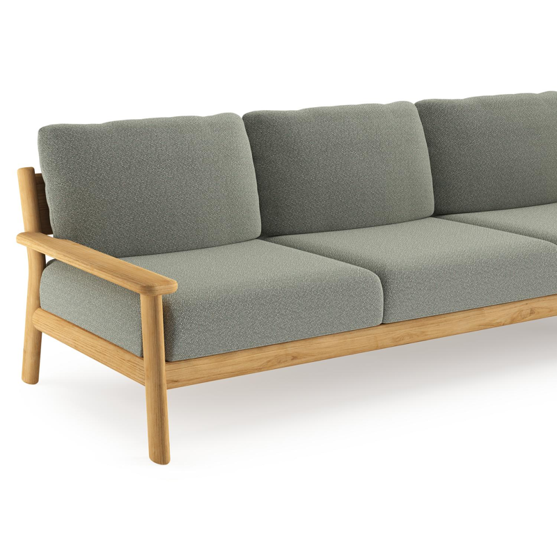 Canapé de jardin Amaro en teck et coussins en all weather sunbrella® luxe savane leaf