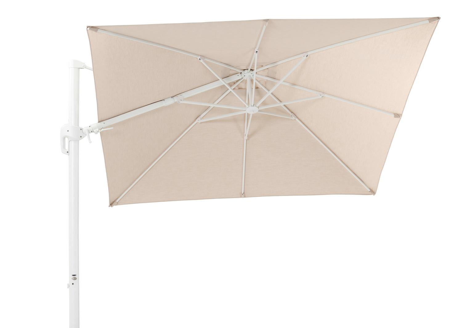 Rufina zweefparasol met tiltfunctie in wit aluminium met beige all weather sunbrella® premium parasoldoek - L1 300 x L2 300 cm (zonder voet)