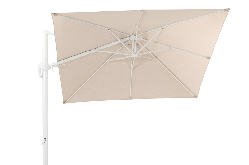 Rufina zweefparasol met tiltfunctie in wit aluminium met beige all weather sunbrella® premium parasoldoek - L1 300 x L2 300 cm (zonder voet)