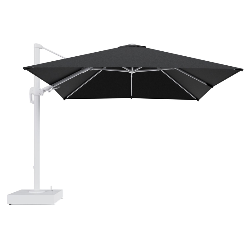 Rufina zweefparasol met tiltfunctie in wit aluminium en Chartres Sooty All Weather Sunbrella® Luxe parasoldoek - L1 300 x L2 300 cm met parasolvoet Minore 150 kg met wielen